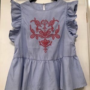 Drill trim embroidered peplum top